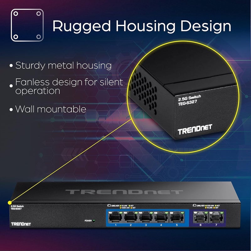 Trendnet 7-Port Multi-Gig Gaming Switch, TEG-S327, 5 x 1G RJ-45 Base-T Ports, 2 x 2.5G RJ-45 Ports, 20Gbps Switching Capacity, Wall Mountable, Plug & Play, Lifetime Protection, Black - Image 5